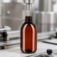 Maschinelle Befüllung einer ovalen 250ml PET Flasche mit UV-Schutz im Reinraum