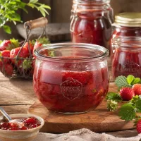 WECK RR100 Tulpenglas 580ml mit Erdbeermarmelade gefüllt auf Holzbrett mit frischen Erdbeeren und Einmachgläsern