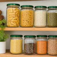 8 befüllte 555ml UNiTWIST Rundgläser grüner BasicSeal Deckel mit Pasta und Körnerfrüchten auf Holzregal