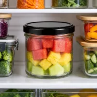 Transparentes 125ml Sturzglas schwarzer Deckel UNiTWIST mit buntem Obstsalat befüllt