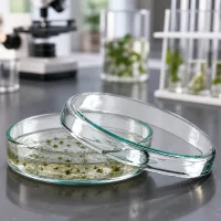 Glaspetrischale 70x15mm transparent mit grünen Kulturpflanzen in der In-vitro-Anzucht