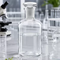 Kleine Laborflasche 100ml klar Enghals runder Glasstopfen neben Becherglas und Petrischale