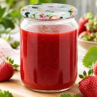 555ml Rundglas mit Erdbeermus auf Holzbrett frische Erdbeeren ringsum mintgrüner Deckel Blume
