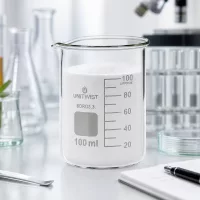 Becherglas 100ml niedriger Form aus hitzebeständigem Borosilikatglas mit weißem Inhalt