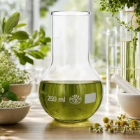 Laborstehkolben 250ml mit grüner Substanz in hellem Raum zwischen botanischen Versuchsaufbauten