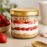 225ml Sturzglas UNiTWIST gold mit BasicSeal Deckel als Dessertglas für Erdbeertrifle mit Sahne und Keksboden