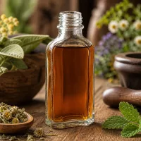 Naturheilkunde Aufbewahrung in 50 ml Meplatflasche klar DIN22 neben getrockneten Kräutern