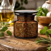 Weithals Apothekerglas Braunglas 50ml mit gemischten Trockengewürzen und Minzblättern