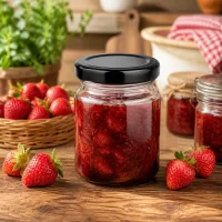 Transparentes Rundglas 53ml mit schwarzem Schraubverschluss für Marmelade Honig und Gelees