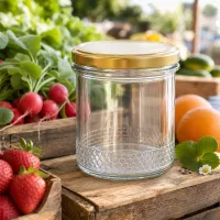 400ml Honigglas mit BasicSeal Deckel gold UNiTWIST auf Holzkiste im Garten umgeben von frischen Erdbeeren und Radieschen