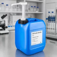 Laborkanister 5L in Blau mit Pumpvorrichtung neben Mikroskop und Reagenzgläsern