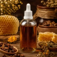 100ml ClearLine Flasche weiß OV UT18 für Kräutertropfen auf rustikalem Holz mit Heilpflanzen