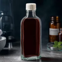 Klare Meplat Flasche mit auslaufsicherem Weißverschluss vor dunklem Laborhintergrund 100ml
