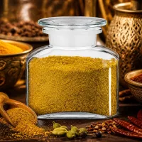 Luftdichtes Gewürzglas mit breitem Hals und goldenem Gewürzpulver neben Messingdeko