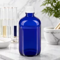 Blaue 100ml Rundflasche mit weißem Schraubverschluss und 0.9mm Tropfeinsatz für Naturheilkunde