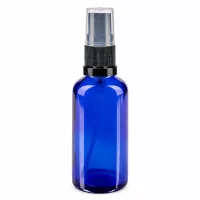 Runde blaue Apothekerglasflasche 50ml mit schwarzem Sprühkopf und Schutzkappe