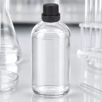 Kleine 100ml Laborflasche Klarglas mit schwarzem OV-Deckel 2mm Tropföffnung ClearLine UT18
