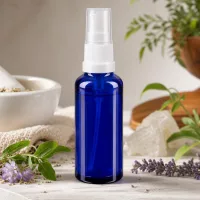 Kompakte blaue Glassprayflasche mit weißem Sprühaufsatz neben Lavendelblüten und Rohkristall