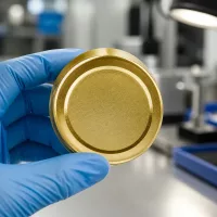 Handschuhhand hält goldenen 58mm Einweckdeckel BasicSeal TO58deep UNiTWIST