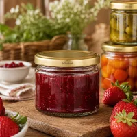 UniTWIST Runda330 Glas gefüllt mit Erdbeermarmelade zeigt praktische Verwendung für hausgemachte Konfitüren und Aufstric