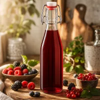 250ml Glasflasche mit Bügelverschluss gefüllt mit rotem Beerensaft, umgeben von frischen Beeren in rustikaler Küche