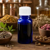 10ml blaue Tropfflasche aus Apothekerglas mit weißem Pinselaufsatz für Kräuterextrakte