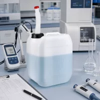 Halbgefüllter 5 Liter Kanister mit beweglichem Ausgießrohr neben wissenschaftlichen Messgeräten