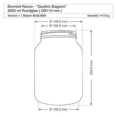 Technische Zeichnung 3000ml Quattro Stagioni Rundglas mit Maßangaben Höhe 220mm Durchmesser 149mm Gewicht 1117g