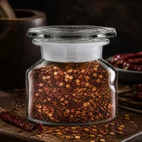 Bauchige Klarglas Steilbrustflasche 50ml mit gemahlenem Chili und sichtbaren Kernen