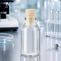 Leere transparente 20ml Flasche mit Korkstopfen als Probenbehälter im Wissenschaftslabor