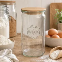 WECK Zylinderglas 340ml RR60 Holzdeckel in Küche mit Mehl Eiern und Vorratsgläsern als Backzubehör Aufbewahrung