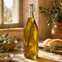 1000ml Glasflasche Bügelverschluss mit Olivenöl und Kräutern gefüllt mediterrane Küche Lifestyle Anwendung