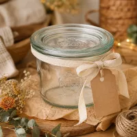 WECK Sturzglas 80ml RR60 dekorativ inszeniert mit Geschenkband Anhänger und Herbstdeko auf Holztisch