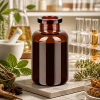 Lichtgeschützte Injektionsflasche 20ml Braunglas in naturmedizinischer Forschungsumgebung