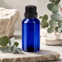 Elegante blaue 20ml Flasche aus Borosilikatglas mit ergonomischem schwarzen Deckel