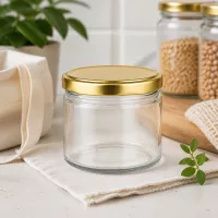 540ml Rundglas mit goldenem BasicSeal Deckel leer in nachhaltiger Küchen Deko mit Naturfasern und Pflanzen
