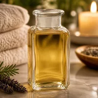 Vierkantflasche Klarglas 100ml Weithals mit goldfarbenem Öl gefüllt Wellness
