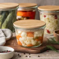 WECK Mini Sturzglas 50ml mit Blumenkohl und Karotten gefüllt als Einmachglas mit Bambusdeckel auf Holzbrett