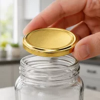 Metalldeckel TO63 in Goldfarbe wird mittig auf geriffeltes Einmachglas aufgelegt