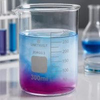 Niedrige Becherglasform 300ml BORO3.3 mit farbigem Flüssigkeitsexperiment und Skalierung