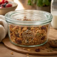 WECK Sturzglas 165ml RR80 gefüllt mit Müsli und Trockenfrüchten auf rundem Holzbrett zeigt perfekte Vorratshaltung