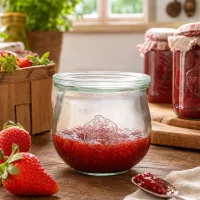 WECK Tulpenglas 370ml RR80 mit Erdbeermarmelade gefüllt in rustikaler Küche neben frischen Erdbeeren und Einmachgläsern