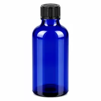 Elegante blaue Glasflasche 50ml mit gerilltem schwarzen Schraubverschluss für Labor und Praxis