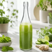 750ml UNiTWIST Glasflasche mit grünem Smoothie befüllt zwischen frischen Kräutern Gurken Ingwer gesunde Ernährung