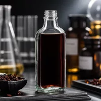 100 ml Flasche klar DIN22 mit dunkelrotem Inhalt zwischen Laborkolben und Reagenzgläsern
