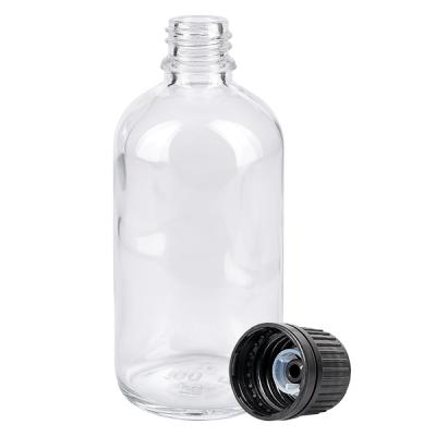 Offene 100ml Klarglasflasche mit breitem Schulterbereich und separatem schwarzen Schraubverschluss 18GR