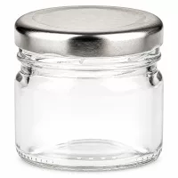 Winziges Vorratsglas aus Klarglas 33ml mit glänzendem Metalldeckel silber