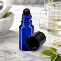 Blaue 10ml Glasrollerflasche mit schwarzer Kugel für Parfum und Öle auf weißer Marmoroberfläche