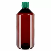 Apothekerflasche 1000ml aus braunem PET Kunststoff mit grünem Schraubverschluss OV