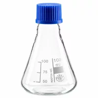 Transparenter Glaskolben 100ml mit Volumenmarkierung und blauem Deckel für genaue Dosierung